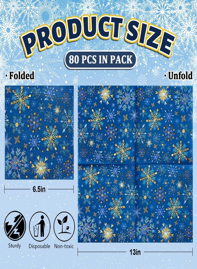 Whaline 80 Pack Winter Snowflake Paper Napkins Christmas Disposable Napkins Blue Gold Xmas Luncheon Dinner Napkins for Party Supplies Table Decor, 6.5 x 6.5 Inch - Image 2